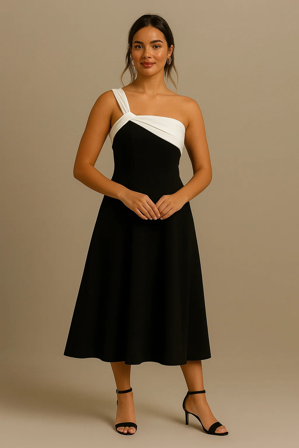 Elise - A-Line Midi Dress with One-Shoulder Knot Detail