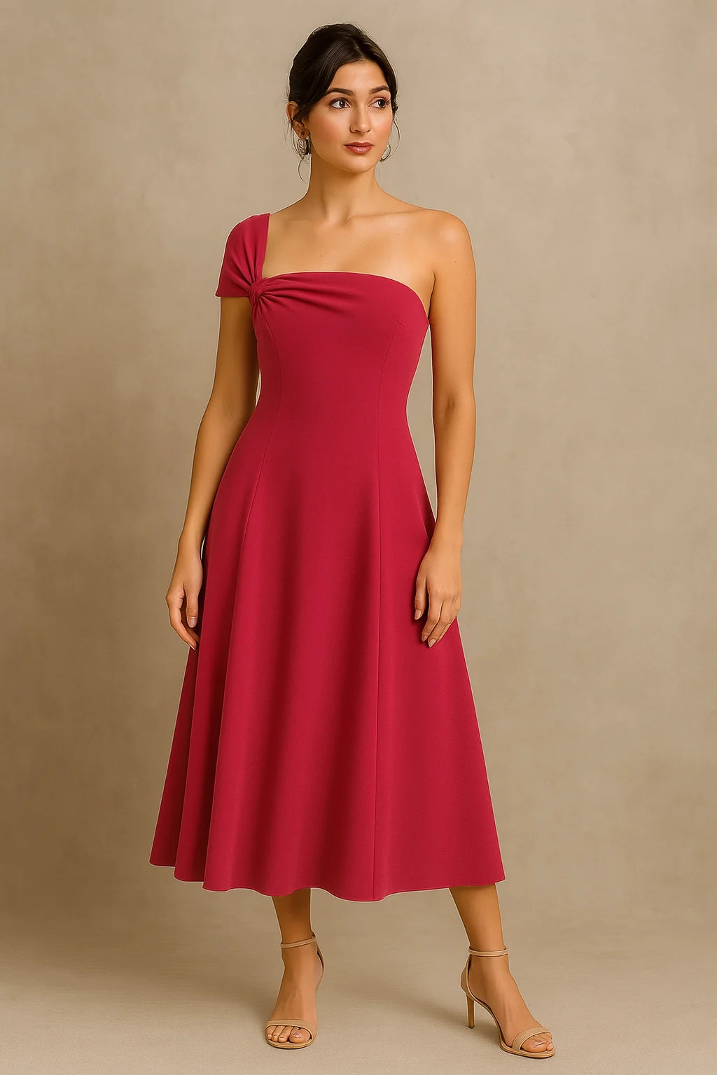 Elise - A-Line Midi Dress with One-Shoulder Knot Detail