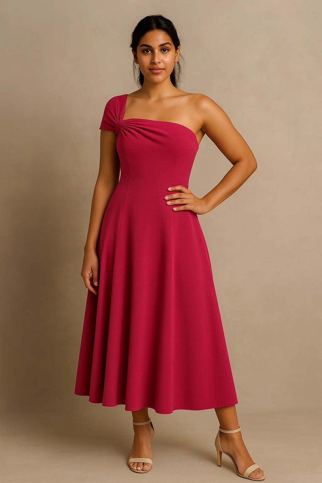 Elise - A-Line Midi Dress with One-Shoulder Knot Detail