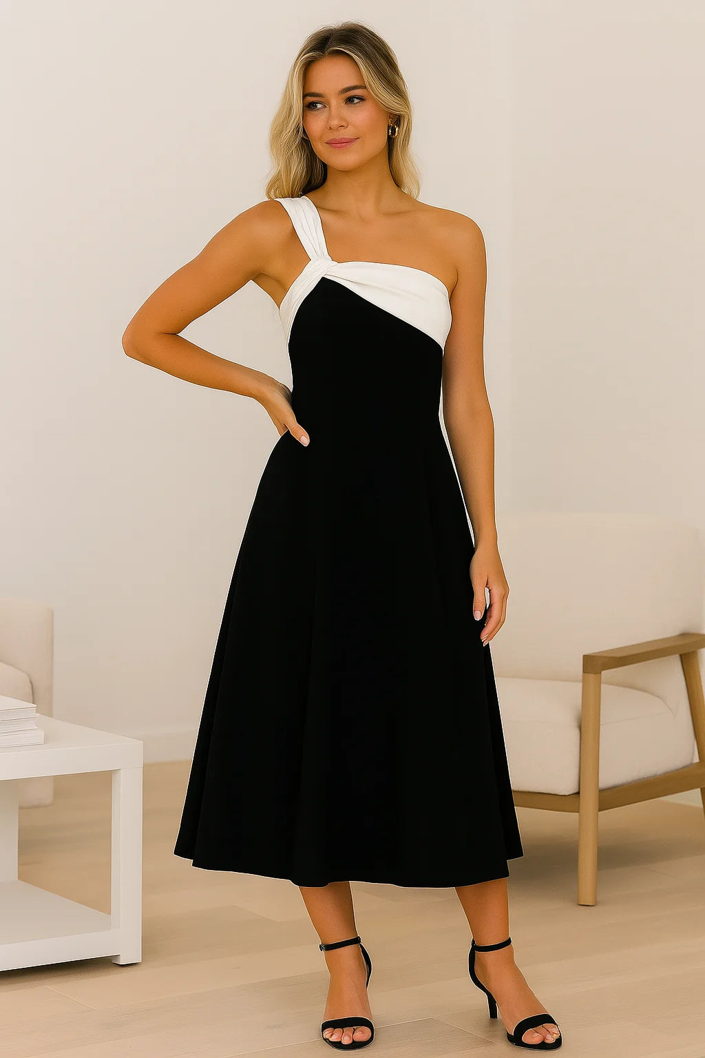 Elise - A-Line Midi Dress with One-Shoulder Knot Detail